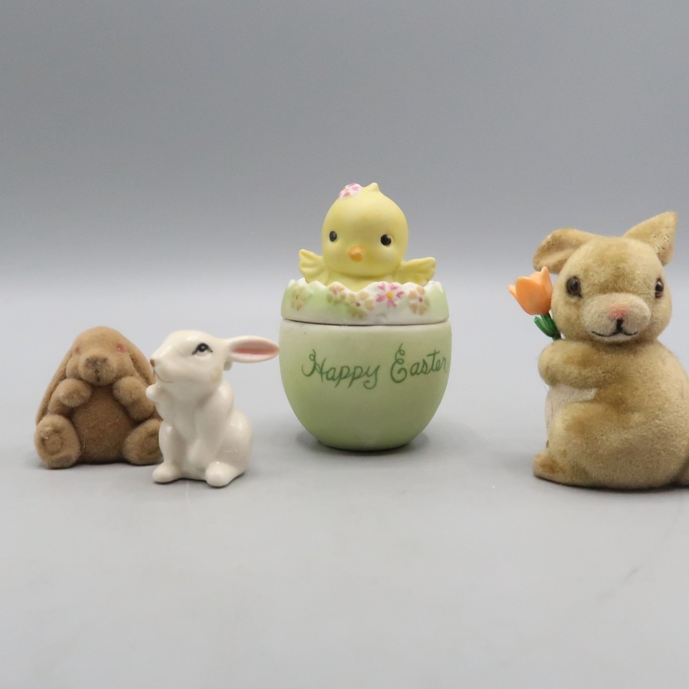 Vintage Bunny Rabbit Lot Trinket Box Duck Happy Easter Flocked Figures